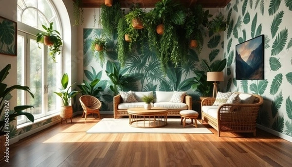 Obraz A jungle retreat living room with skirting boards engraved with tropical leaf patterns, rattan furniture, and cascading greenery spilling from hanging pots