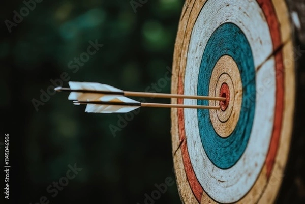Fototapeta A colorful archery target with three arrows in the center, a close-up view of an arrow hitting its mark on one side of it Generative AI