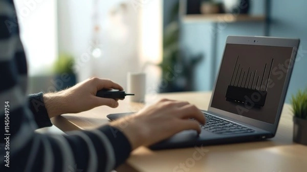 Fototapeta Person using a laptop to manage network settings.