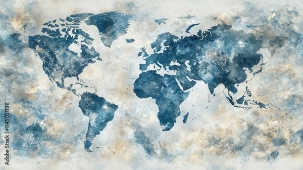 Fototapeta Abstract watercolor world map with detailed continents in shades of blue and brown, showcasing artistic representation of the globe on textured background