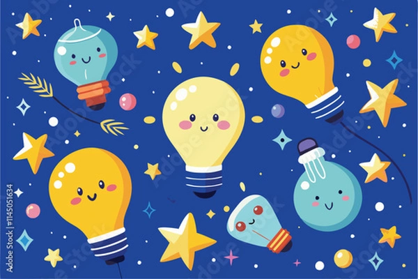 Fototapeta Colorful vector illustration featuring cheerful light bulbs and stars against a vibrant blue background, perfect for creative projects and designs