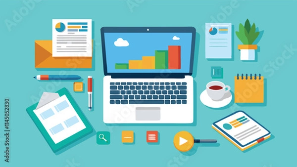 Fototapeta Detailed vector illustration of a modern workspace with laptop, documents, coffee, charts, and office supplies in a vibrant color scheme