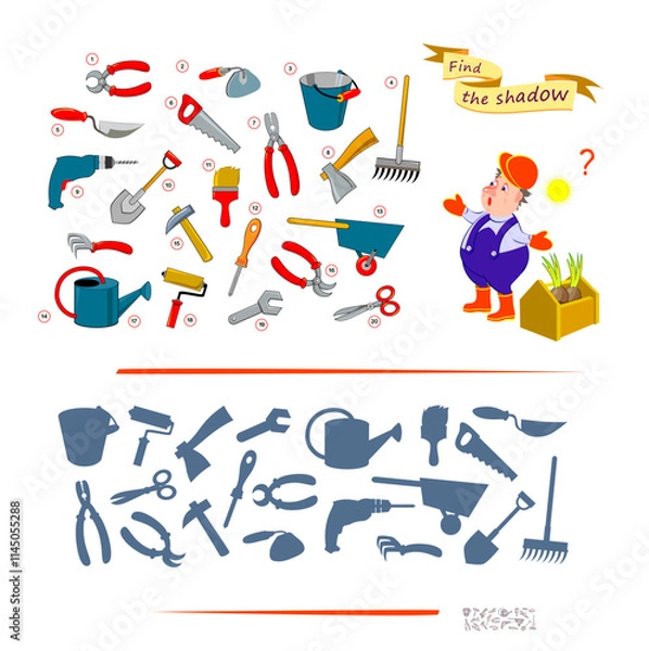 Fototapeta Best puzzles for kids. Can you help the gardener find the shadow of each tool? Educational page for children. Activity sheet. Task for attentiveness. I spy game. Vector cartoon illustration.