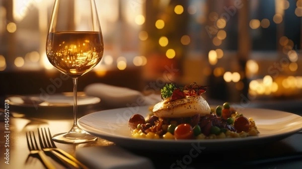 Fototapeta A sophisticated dining setup featuring a gourmet dish on an elegant plate, paired with a glass of wine. The background includes soft lighting, gold accents, 16:9