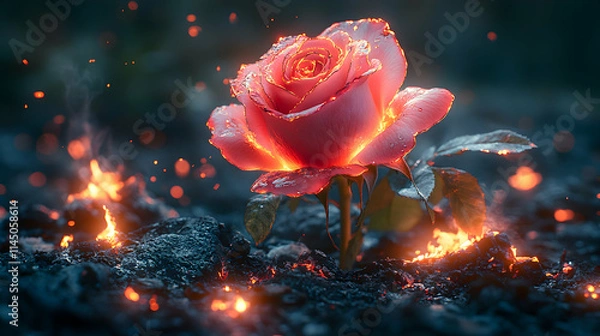 Fototapeta Fiery rose blooming from ashes.