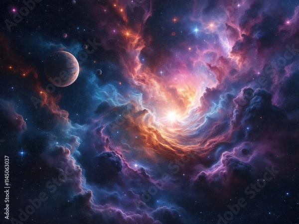 Fototapeta vibrant cosmic nebula with swirling colors and glowing stars in deep space.