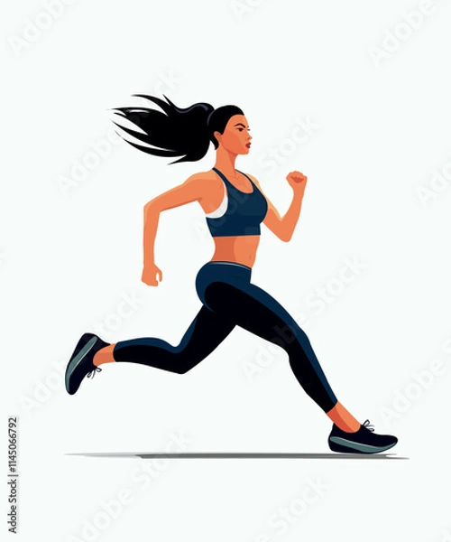 Fototapeta Vector image of a girl dressed in a sports uniform, leggings and a sports bra, doing sports, running sprint, leading an active lifestyle.