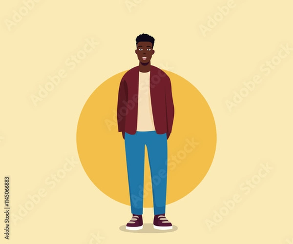 Fototapeta African American guy standing with a smile. Dressed in comfortable casual clothes.