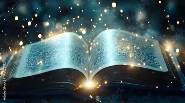 Fototapeta Open Book Emits a Magical Glow with Sparkling Particles and Golden Light Beams radiating Upwards, Literature and Knowledge Theme.