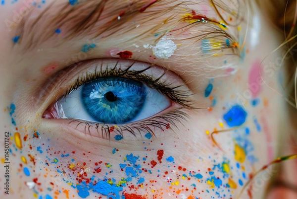 Obraz Closeup of a face with blue eyes and colorful splotches, artistic abstract representation.