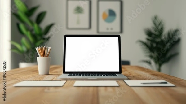 Fototapeta Open laptop showing white screen on wooden desk in home office