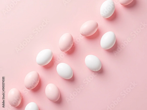 Obraz White eggs scattered on a pink background, top view, Easter concept.