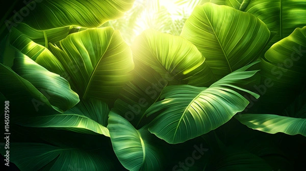 Fototapeta Lush green foliage with sunlight filtering through large leaves.