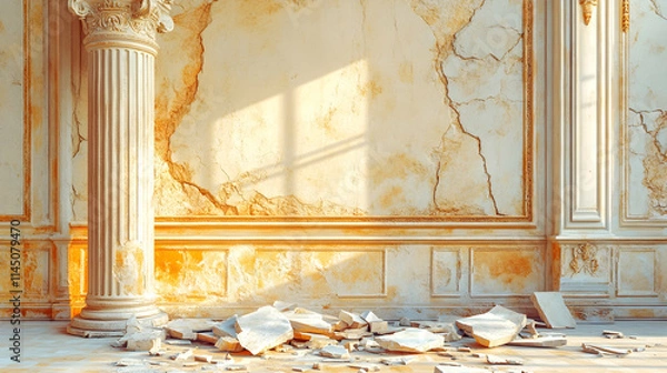 Obraz Sunlit crumbling classical interior wall with column and debris.