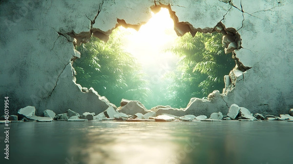 Obraz Sunlit jungle seen through a hole in a broken concrete wall.