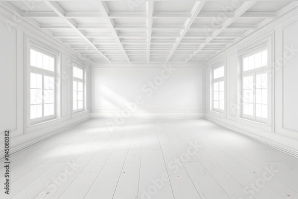 Fototapeta White empty room with windows. Minimal style. Blank space mockup. Interior design, wall, floor. For print, banner. Perspective view with copy space