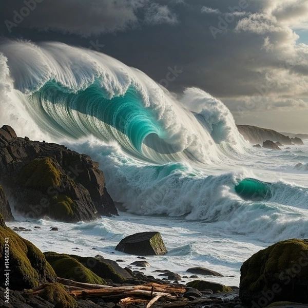 Fototapeta waves breaking on the rocks