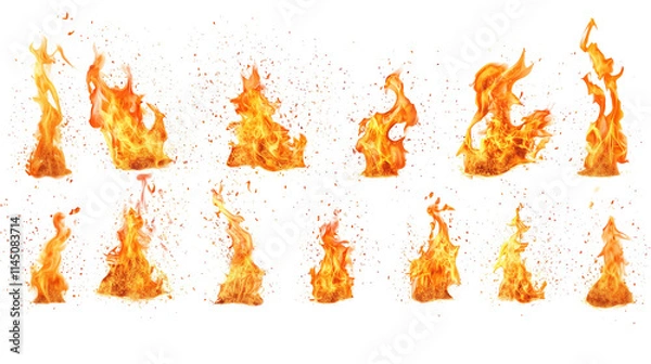 Fototapeta Set of real burning fires flames and sparks isolated on transparent background