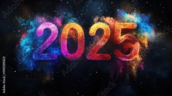 Obraz Colorful dust in the shape of "2025" with a colorful powder explosion on a black background 
