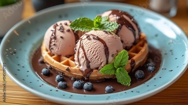 Fototapeta A top view of a waffle served with two scoops of chocolate ice cream chocolate syrup and fresh mint