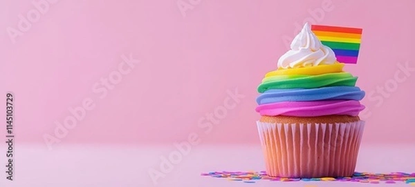 Fototapeta Colorful rainbow cupcake celebration bakery food photography bright pink background close-up view fun and festive concept