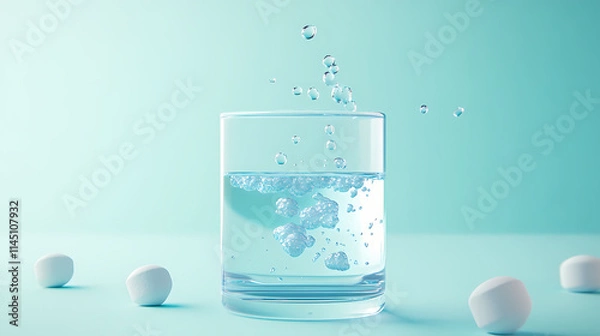 Fototapeta Effervescent tablets dissolve in water creating a captivating display of bubbles and chemical reaction set against a clean background that emphasizes clarity and freshness. Effervescent. Illustration