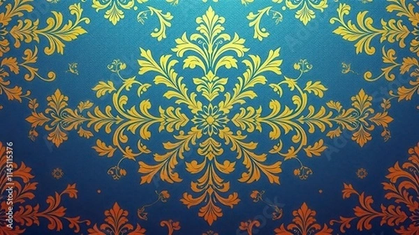 Fototapeta Elegant and intricate damask seamless pattern with floral motifs in shades of gold and blue, ornament, intricate, damask
