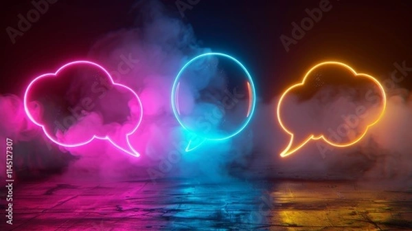 Fototapeta Three neon speech bubbles in pink, blue, and yellow with colorful smoke on a reflective surface