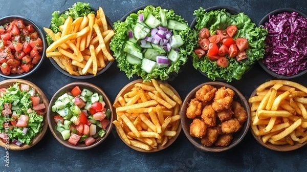 Fototapeta Overhead view of a takeout feast featuring crispy fries tacos golden chicken wings and colorful salads arranged casually