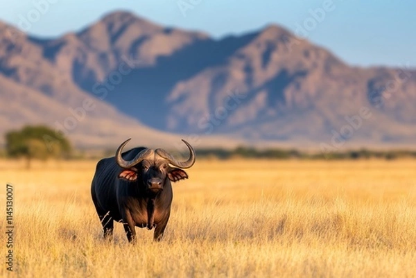 Fototapeta A solitary buffalo stands in a golden grassland with mountains behind.