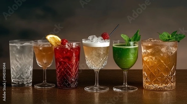 Obraz Refreshing assortment of colorful cocktails on dark background perfect for any gathering