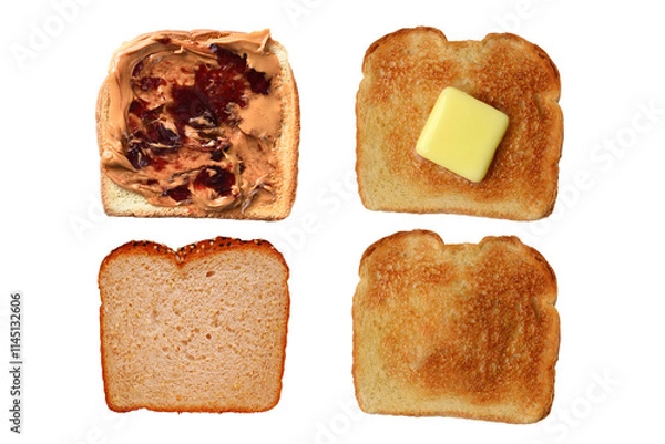 Fototapeta Four slices of bread, one with Peanut butter and Jelly one with a pat of butter, one toasted and one plain.