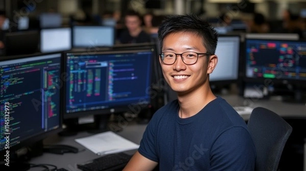 Fototapeta Young male software engineer smiling confidently at his workstation surrounded by glowing screens and coding tools in a modern tech office