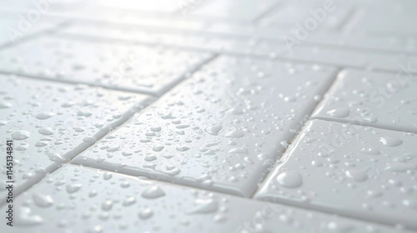 Fototapeta White wet tiles with water droplets.