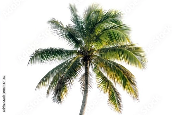 Fototapeta Single lush green coconut palm tree isolated on white background.
