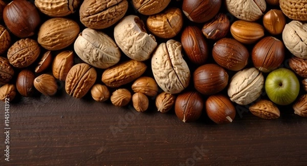 Fototapeta Various nuts background to view on wooden background with copy space