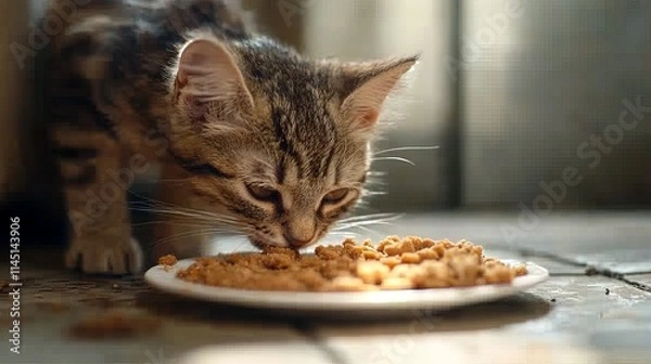 Fototapeta Kitten eating from a white dish on a rustic wooden table in a warmly lit kitchen highlighting a homey and cozy feeding moment