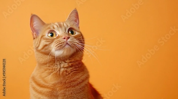Fototapeta Ginger tabby cat sitting against a vibrant orange background highlighting its warm fur tones in a clean and minimalist studio setting