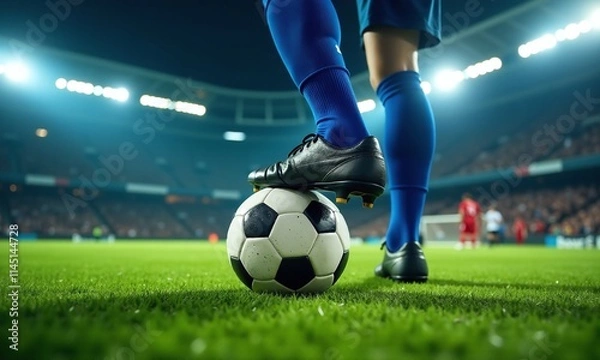 Obraz Soccer player s foot on ball close up