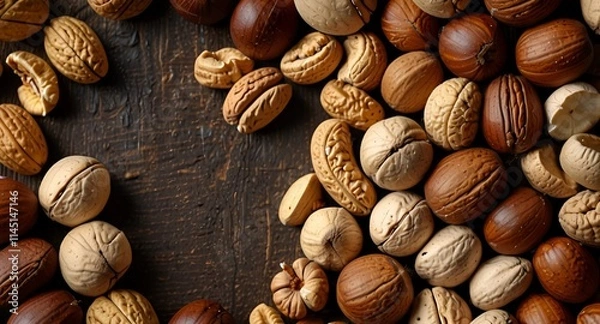 Fototapeta Various nuts background to view on wooden background with copy space