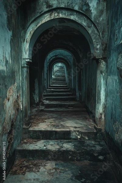 Fototapeta Ancient stone stairway, arched passage, decaying structure.