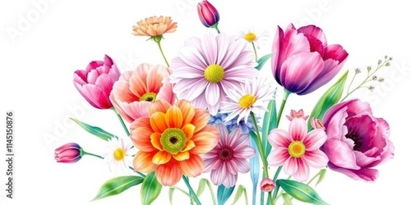 Fototapeta Colorful watercolor illustration of various flowers including roses, daisies, and tulips, roses, flowers