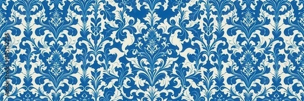 Fototapeta Elegant seamless damask wallpaper in shades of blue and silver with intricate floral motifs, damask, wallpaper, design