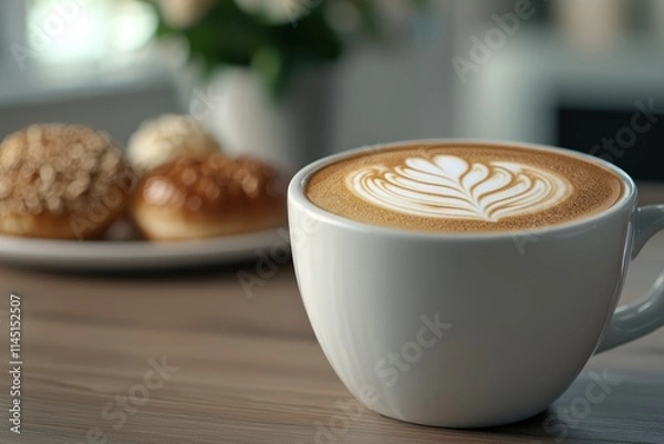 Obraz Latte art coffee with pastries in a minimalist cafe setting
