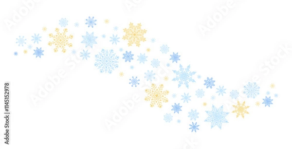 Obraz Background with snowflakes of different sizes in the form of a wave in cartoon style. Vector illustration of winter snowflakes of blue, gold and dark blue isolated on white background. Blizzard.