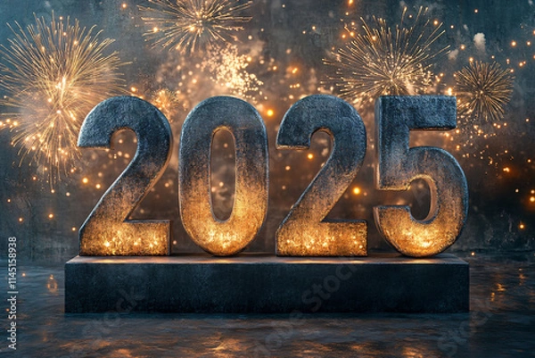 Obraz Concrete Numbers 2025 with Fireworks Background