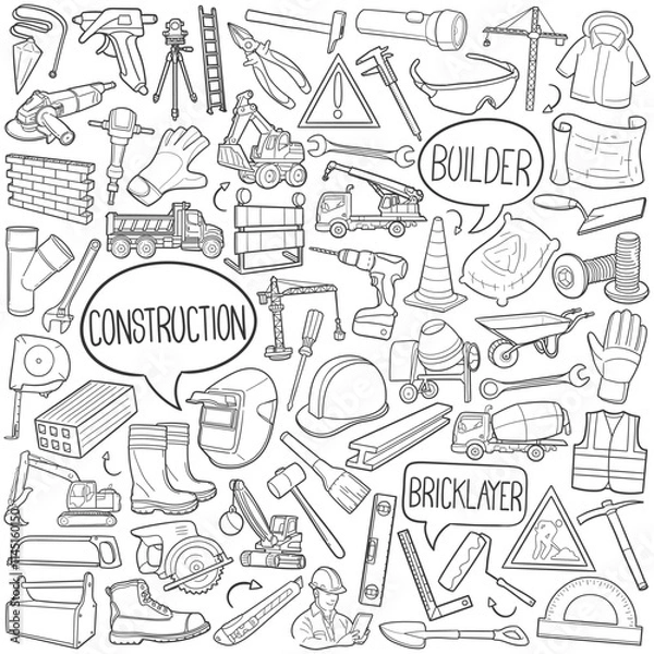 Fototapeta Bundle Construction Work Traditional Doodle Icons Sketch Hand Made Design Vector.