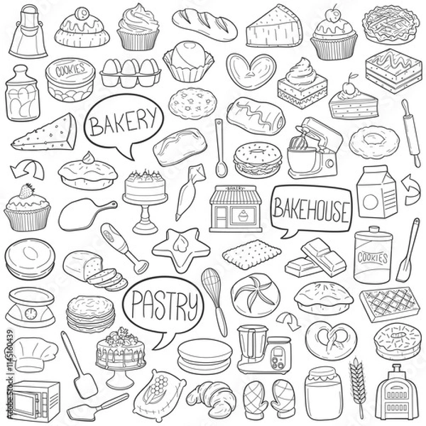 Fototapeta Bundle Bakery Pastry Shop Traditional Doodle Icons Sketch Hand Made Design Vector.