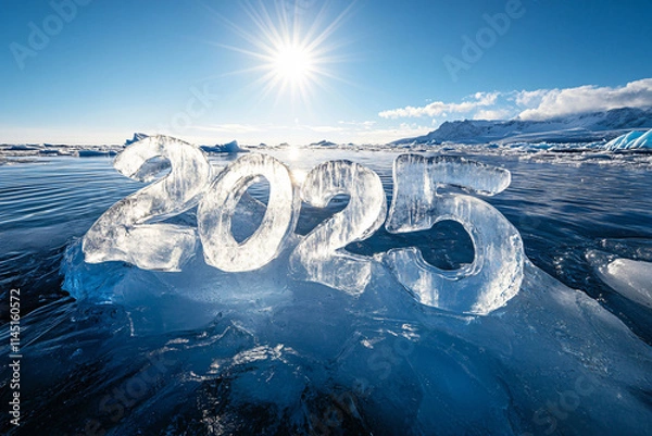 Obraz Frozen numbers 2025 carved in ice, floating on a glacier under the sunlight