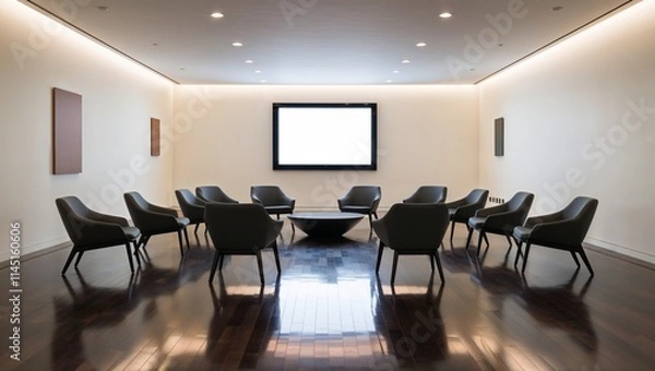 Fototapeta A Spacious Modern Hall Interior with a Large Open Layout, Featuring Sleek Design Elements, Bright Lighting, and Contemporary Décor, Creating an Inviting and Elegant Atmosphere